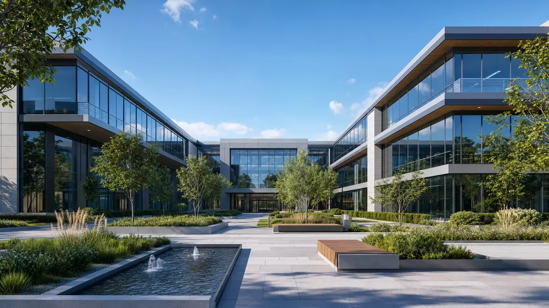 3D-Render eines modernen Bürokomplexes aus Glas mit begrüntem Innenhof und Springbrunnen