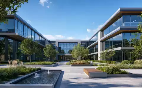 Robinhood Markets US7707031024 zeigt Architektur-Render eines modernen Glas-Bürogebäudes mit Innenhof und Wasserbecken bei Tag - Foto: THN
