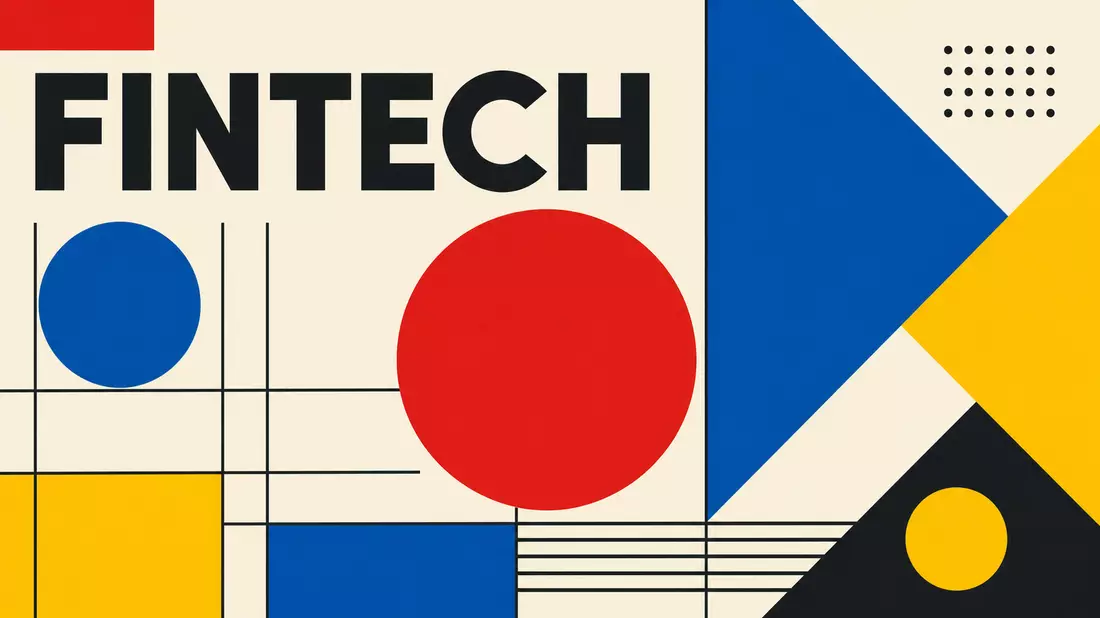 Bauhaus-Poster mit Kreisen, Dreiecken und dem Schriftzug FINTECH in Primärfarben
