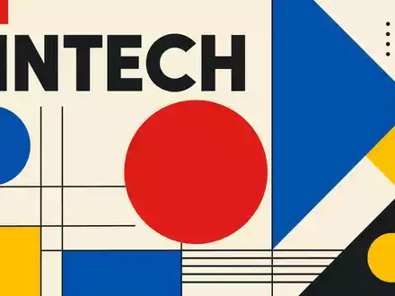 Robinhood Markets US7707031024 illustriert geometrisches Bauhaus-Poster mit Sektor-Text FINTECH in kräftigen Grundfarben und Formen - Foto: THN