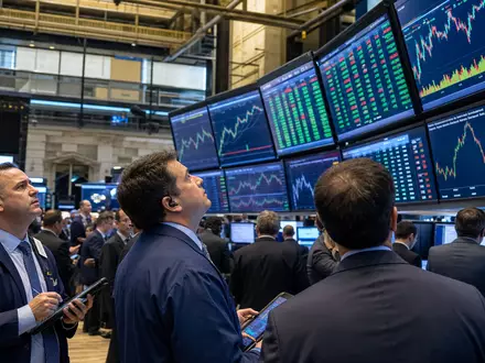 Robinhood Markets US7707031024 dokumentiert Börsen-Editorial mit Trading-Floor, groĂen Bildschirmen und generischen Kurscharts - Foto: THN