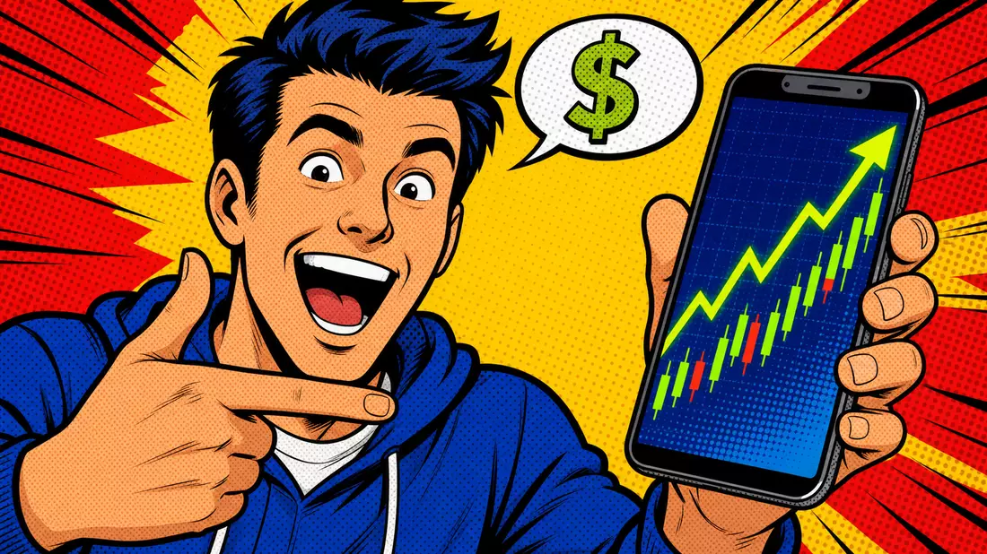 Bunte Comic-Illustration eines jubelnden Traders mit Smartphone und steigender Kurve