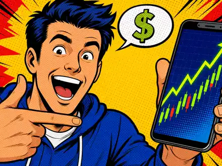 Robinhood Markets US7707031024 präsentiert Pop-Art-Comic eines begeisterten Traders mit steigendem Kurschart auf Smartphone - Foto: THN