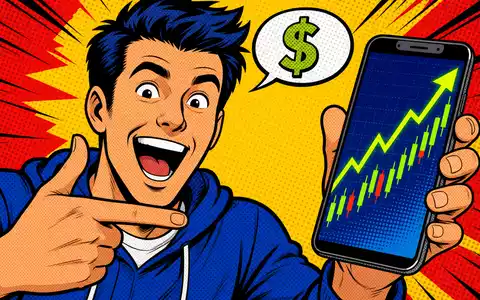 Robinhood Markets US7707031024 präsentiert Pop-Art-Comic eines begeisterten Traders mit steigendem Kurschart auf Smartphone - Foto: THN