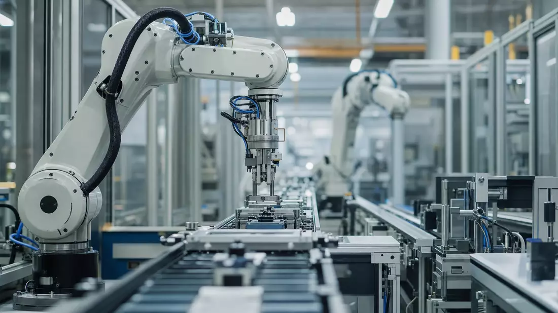 Roboterarm an Förderband in moderner Fabrikhalle, markenfreie Industrieautomatisierung