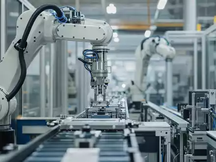 Fabrikautomatisierung mit Roboterarm zeigt Rockwell Automation ISIN US7739031091 in industrieller Produktionshalle mit Förderband - Foto: THN