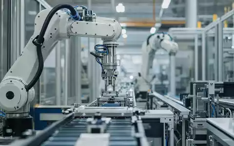 Fabrikautomatisierung mit Roboterarm zeigt Rockwell Automation ISIN US7739031091 in industrieller Produktionshalle mit Förderband - Foto: THN