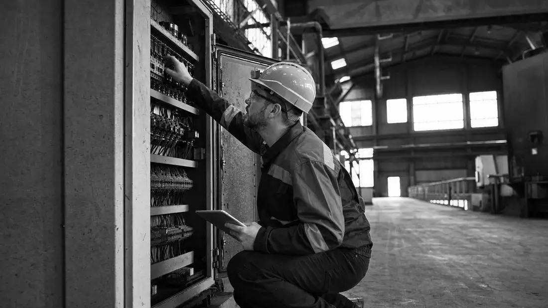 Techniker inspiziert Schaltschrank in Fabrikhalle, dokumentarische Schwarzweißaufnahme