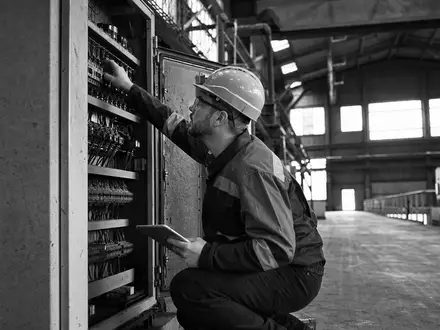 Schwarzweiß-Reportage eines Technikers am Schaltschrank illustriert Rockwell Automation ISIN US7739031091 in dokumentarischer Industrieaufnahme - Foto: THN