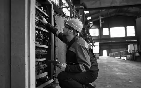Schwarzweiß-Reportage eines Technikers am Schaltschrank illustriert Rockwell Automation ISIN US7739031091 in dokumentarischer Industrieaufnahme - Foto: THN