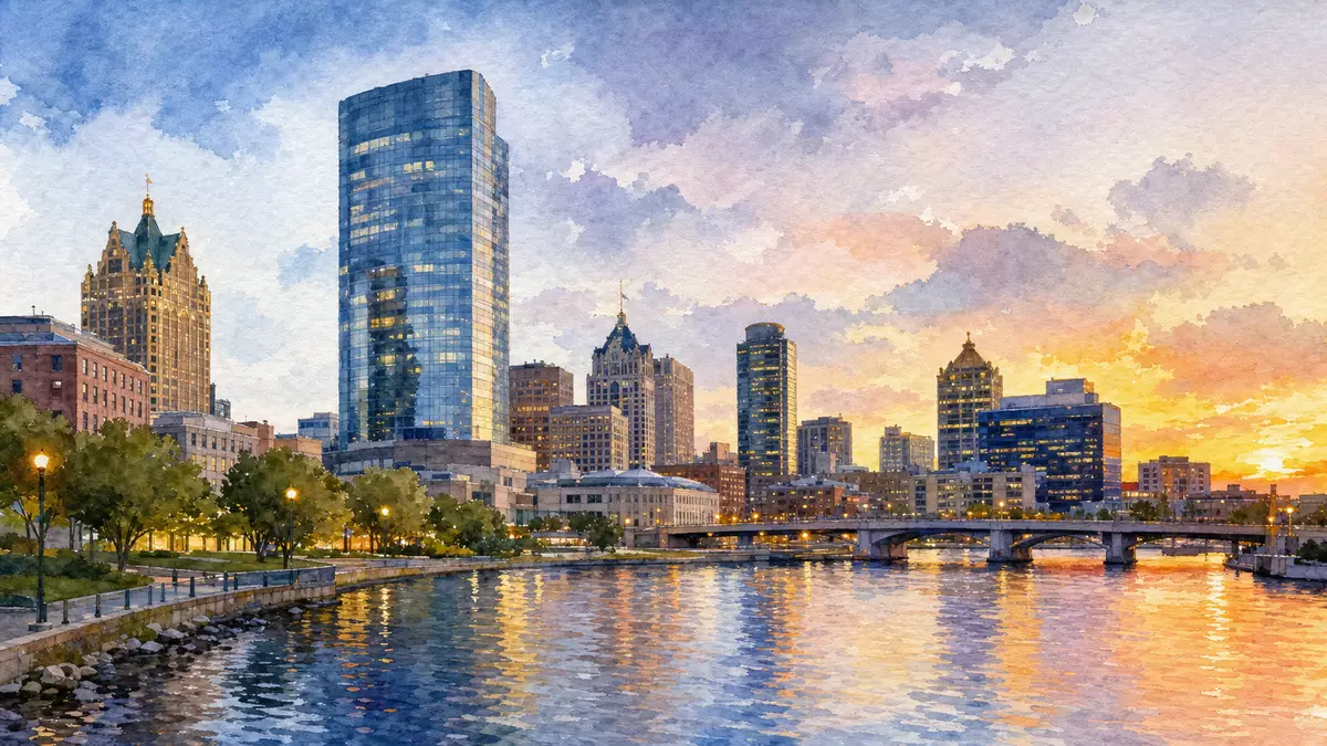 Aquarellbild der Skyline von Milwaukee bei Sonnenuntergang am Flussufer