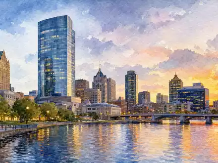 Aquarellmalerei der Milwaukee Skyline symbolisiert Rockwell Automation ISIN US7739031091 am Firmensitz mit Fluss und Sonnenuntergang - Foto: THN