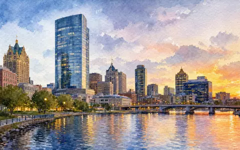 Aquarellmalerei der Milwaukee Skyline symbolisiert Rockwell Automation ISIN US7739031091 am Firmensitz mit Fluss und Sonnenuntergang - Foto: THN