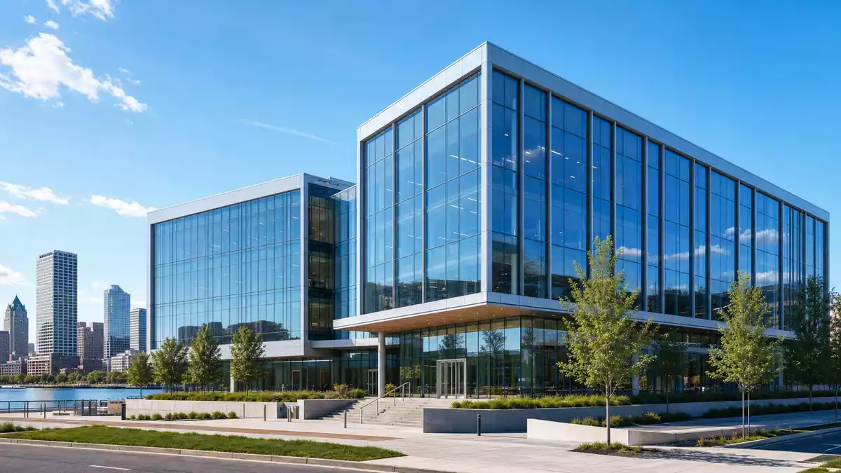 Modernes Glas-Bürogebäude mit Skyline im Hintergrund, architektonisches 3D-Render