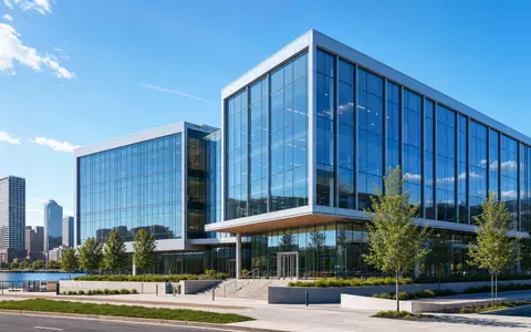 Architektur-Render eines Bürogebäudes repräsentiert Rockwell Automation ISIN US7739031091 mit moderner Glasfassade in Milwaukee - Foto: THN