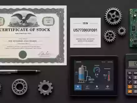 Flatlay mit Aktienzertifikat und ISIN-Karte US7739031091 zeigt Rockwell Automation Investment neben Zahnrädern und Leiterplatte - Foto: THN
