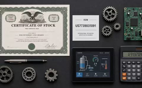 Flatlay mit Aktienzertifikat und ISIN-Karte US7739031091 zeigt Rockwell Automation Investment neben Zahnrädern und Leiterplatte - Foto: THN