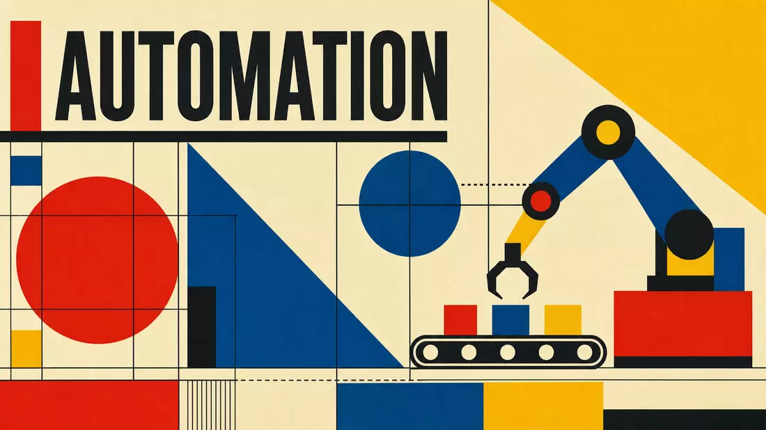 Geometrisches Bauhaus-Poster mit Roboterarm und Schriftzug AUTOMATION in Primärfarben
