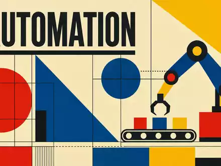 Bauhaus-Poster mit geometrischen Formen und Robotermotiv veranschaulicht Rockwell Automation ISIN US7739031091 in der Automatisierungsbranche - Foto: THN