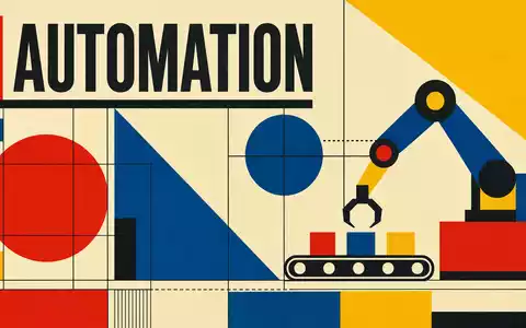 Bauhaus-Poster mit geometrischen Formen und Robotermotiv veranschaulicht Rockwell Automation ISIN US7739031091 in der Automatisierungsbranche - Foto: THN