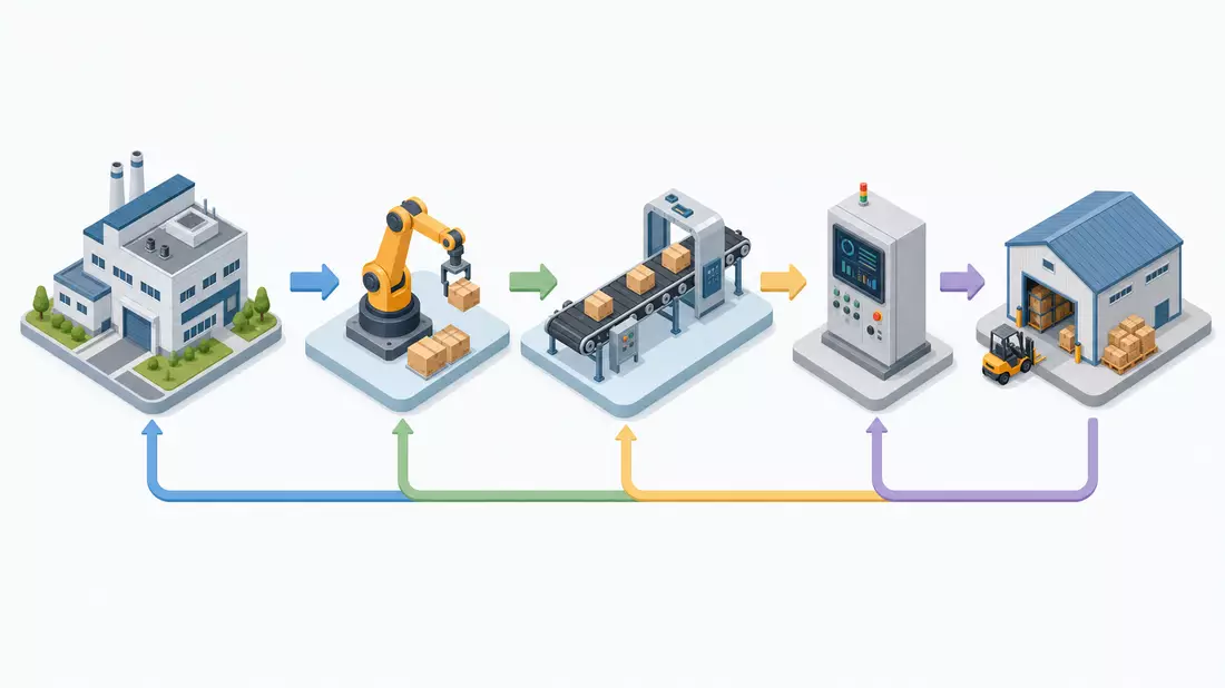 Isometrische Illustration einer Produktionskette von Fabrik über Roboter bis Lager