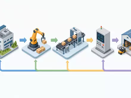 Isometrisches 3D-Diagramm der Wertschöpfungskette veranschaulicht Rockwell Automation ISIN US7739031091 von Fabrik bis Lagerhaus - Foto: THN