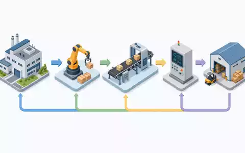 Isometrisches 3D-Diagramm der Wertschöpfungskette veranschaulicht Rockwell Automation ISIN US7739031091 von Fabrik bis Lagerhaus - Foto: THN