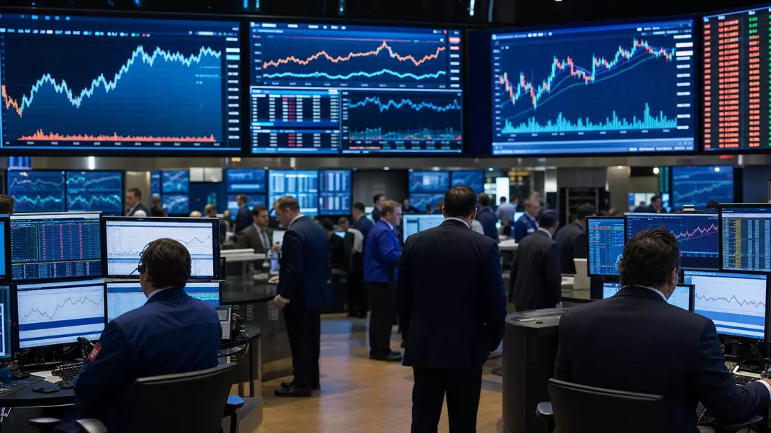 Trading-Floor mit großen Bildschirmen und Aktiencharts, Händler im Hintergrund