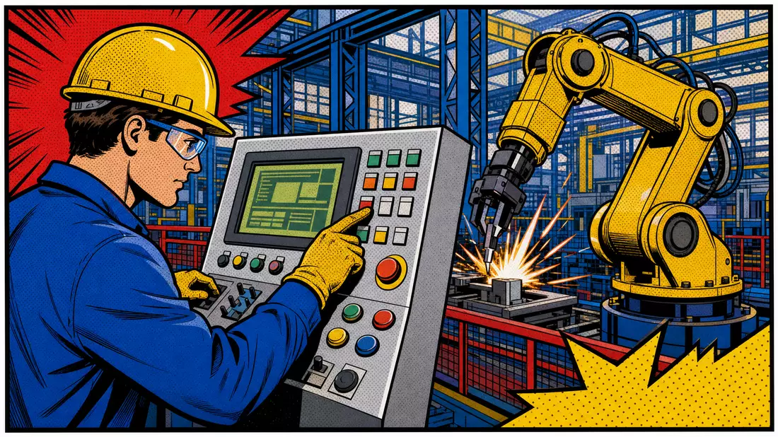 Comicstil-Illustration eines Arbeiters am Bedienpult neben gelbem Roboterarm