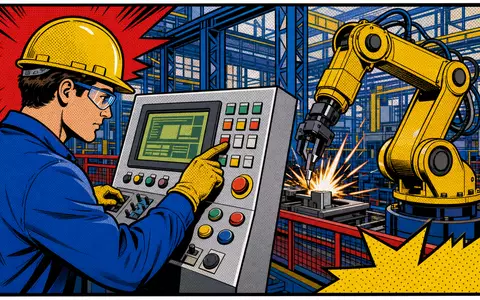 Pop-Art-Comic mit Fabrikarbeiter am Steuerpult illustriert Rockwell Automation ISIN US7739031091 in bunter Automatisierungsszene - Foto: THN