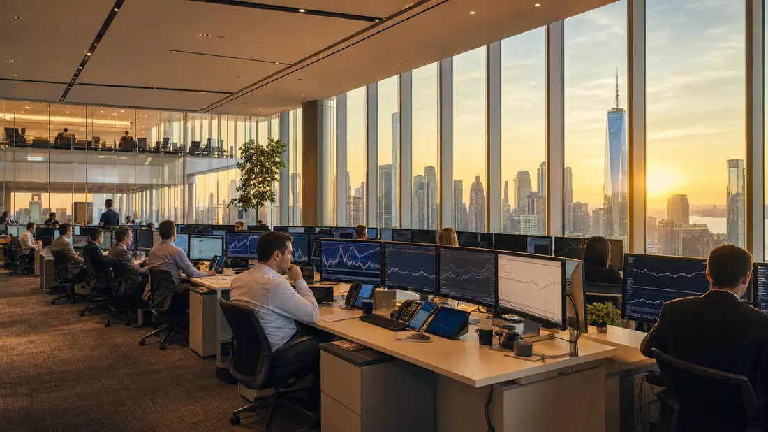 Fotorealistischer Handelsraum von Franklin Resources mit Analysten vor Stadtpanorama im Abendlicht