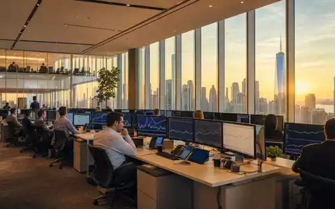 Franklin Resources US3546131018 zeigt globale Vermögensverwaltung mit Analysten in modernem Büro bei Sonnenuntergang - Foto: THN