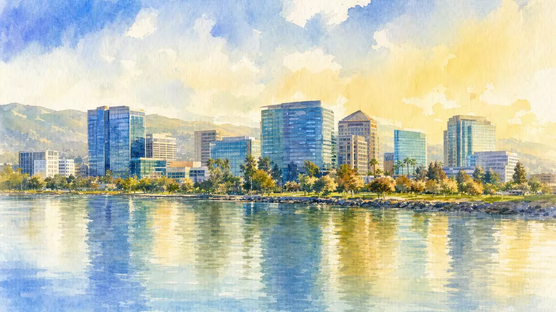 Aquarell-Illustration der San Mateo Skyline als Franklin Resources Hauptsitz mit Wasserreflexionen