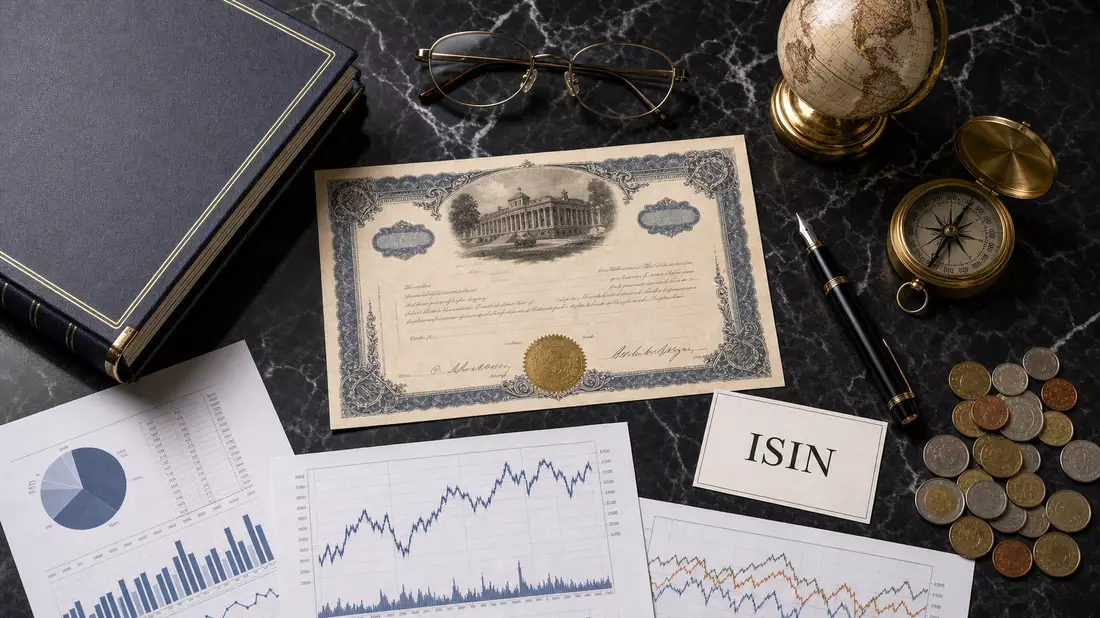 Flatlay-Arrangement mit Aktienzertifikat, ISIN-Karte und Investmentobjekten auf dunklem Marmor