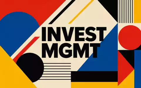 Franklin Resources US3546131018 Bauhaus-Poster mit INVEST MGMT Text geometrischen Formen Primärfarben Rot Blau und Gelb - Foto: THN