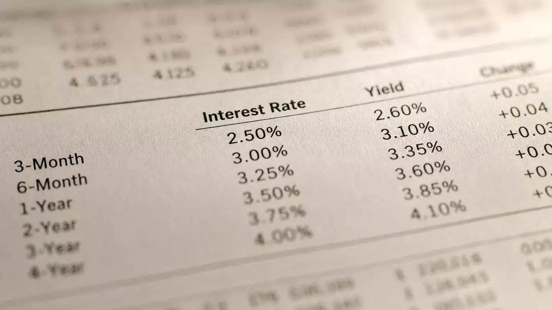 Makrofotografie einer Finanzdaten-Tabelle mit Zinssätzen und Renditen im Franklin Resources Stil