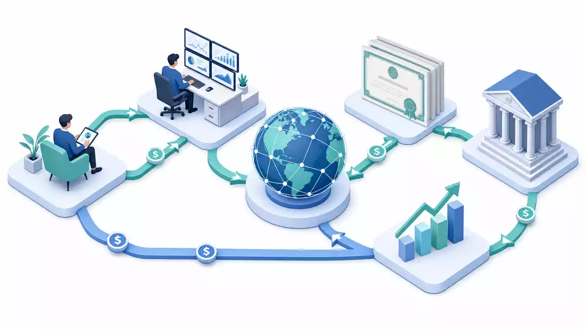 Isometrisches 3D-Diagramm der Wertschöpfungskette im globalen Asset Management von Franklin Resources
