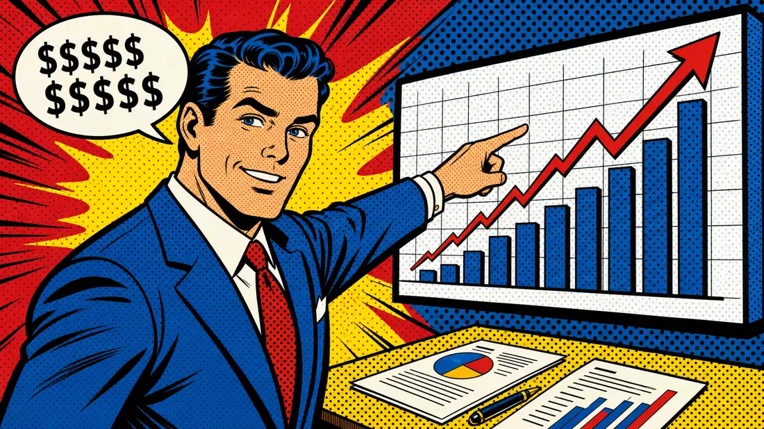 Pop-Art-Comic eines Finanzanalysten mit steigendem Börsenchart und Dollarzeichen-Sprechblase für Franklin Resources