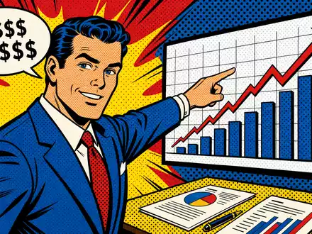 Franklin Resources US3546131018 Pop-Art-Comic zeigt Finanzanalyst mit steigendem Börsenkurs Halbtönen und Dollarzeichen-Sprechblase - Foto: THN