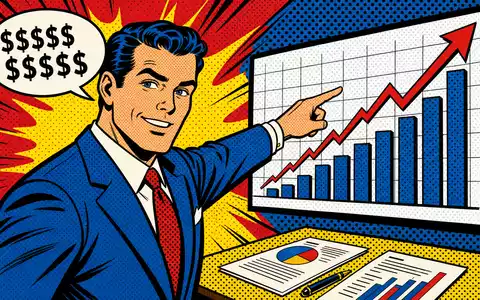 Franklin Resources US3546131018 Pop-Art-Comic zeigt Finanzanalyst mit steigendem Börsenkurs Halbtönen und Dollarzeichen-Sprechblase - Foto: THN