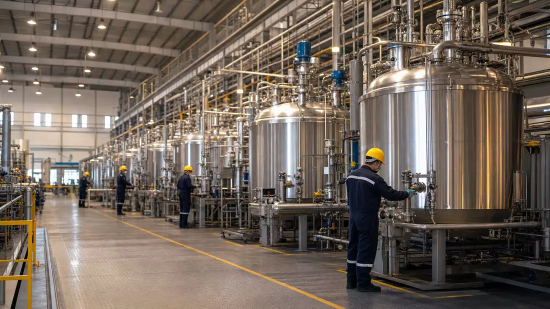 Fotoreale Schmierstoffproduktionsanlage der Fuchs SE (Vz.) mit Industrietanks