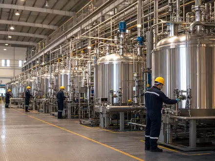 Fuchs SE (Vz.) Spezialchemie DE0005790430 fotoreale moderne Schmierstoffproduktionsanlage mit Mischtanks Rohrleitungen und Arbeitern - Foto: THN