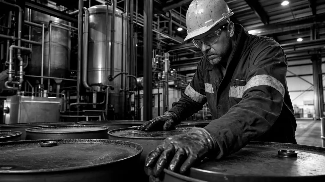 Schwarz-Weiß-Reportage eines Arbeiters an Industriefässern in der Fuchs SE Anlage