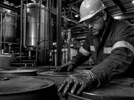 Fuchs SE (Vz.) DE0005790430 Schwarzweiß-Reportage dokumentarisch Arbeiter prüft Industriefässer in der Chemieanlage - Foto: THN