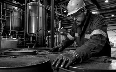 Fuchs SE (Vz.) DE0005790430 Schwarzweiß-Reportage dokumentarisch Arbeiter prüft Industriefässer in der Chemieanlage - Foto: THN