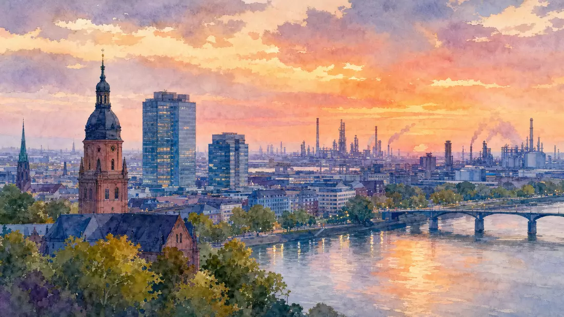 Aquarell-Stadtpanorama Mannheim mit Rhein und Industriesilhouette für Fuchs SE (Vz.)