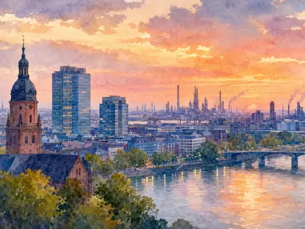 Fuchs SE (Vz.) DE0005790430 Aquarell Mannheim Stadtpanorama mit Rhein Kirchturm und Industriesilhouette im Abendhimmel - Foto: THN