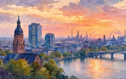 Fuchs SE (Vz.) DE0005790430 Aquarell Mannheim Stadtpanorama mit Rhein Kirchturm und Industriesilhouette im Abendhimmel - Foto: THN