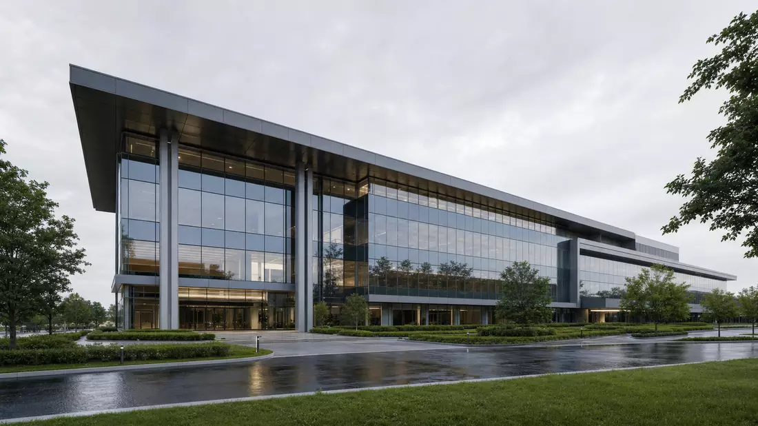 Architektur-Render modernes Konzerngebäude Glasfassade für Fuchs SE (Vz.) DE0005790430