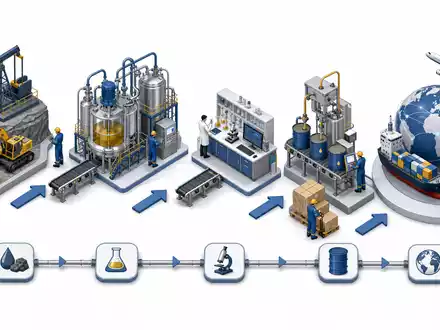 Fuchs SE (Vz.) DE0005790430 isometrisches 3D Wertschöpfungskette Rohstoff Mischanlage Labor Verpackung und globale Verteilung - Foto: THN